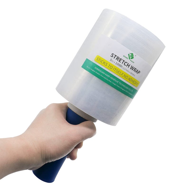 BOMEI PACK Mini Clear Industrial Stretch Wrap Film 5"" x 1000ft 4 Pack with Handle  80 Gauge Thick Cling Plastic Wrap for Moving  Pallet Wrap - Self Adhering Packaging Heavy Duty Shrink Film - Image 4